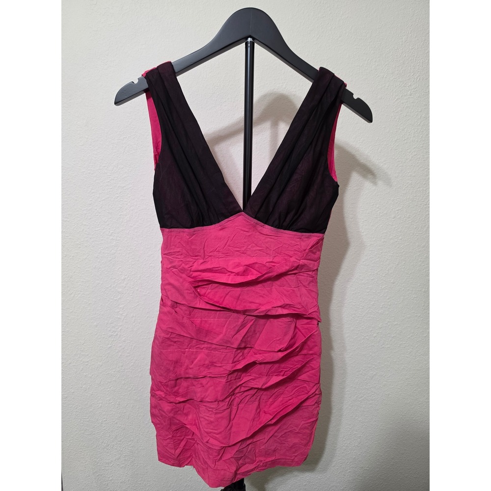 Lianpinliu Pink Ruched Bodycon Mini Dress Black Mesh V-Neck Size M